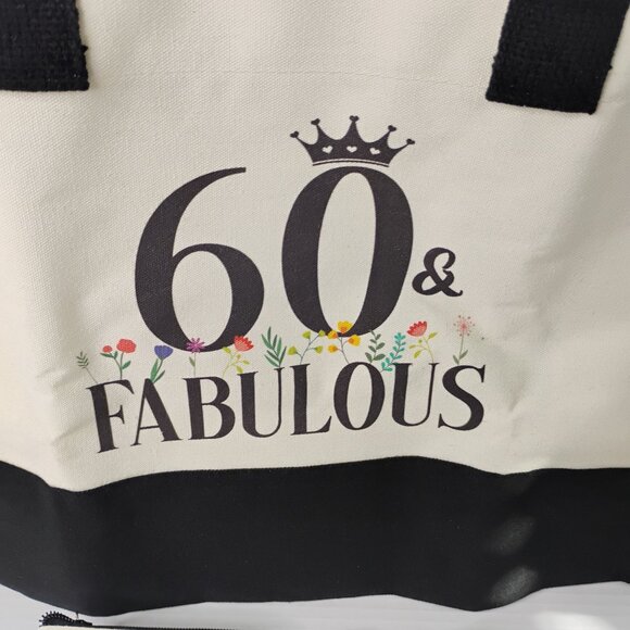 60 & Fabulous Canvas Tote Bag with Zipper Pouch & Ribbon – Black & Cream- NEW - Picture 3 of 16